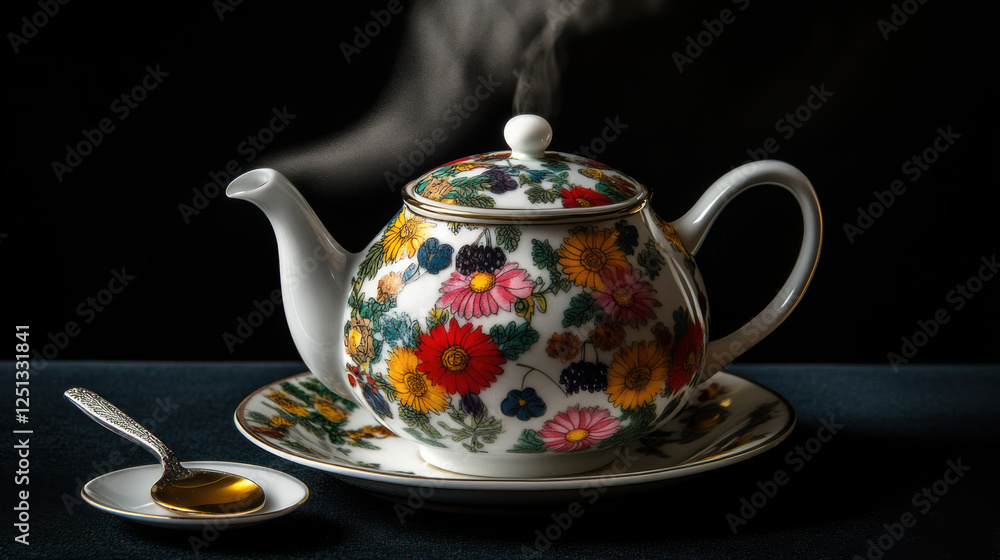 classic floral teapot with steam rising, served with honey classic floral teapot with steam rising, served with honey