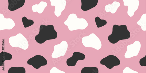 Seamless pattern with cow black and white spots on pink background. Simple dalmatian design, animal print texture for wallpaper, textile, wrapping paper, fabric, cover. 