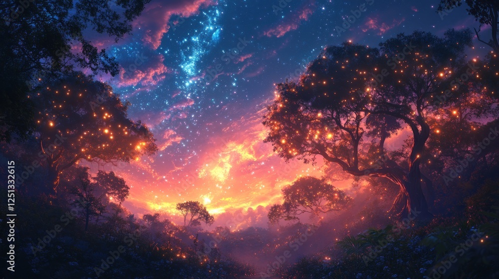 Enchanted Forest Glowing Trees Under Starry Night Sky Enchanted Forest Glowing Trees Under Starry Night Sky