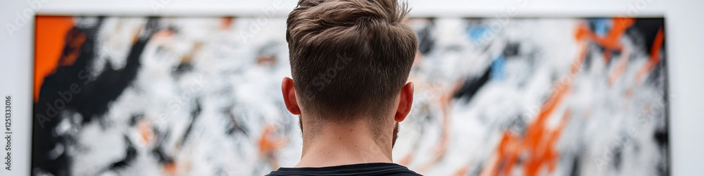 Obraz premium Man Viewing Abstract Painting with Orange, Black, and White