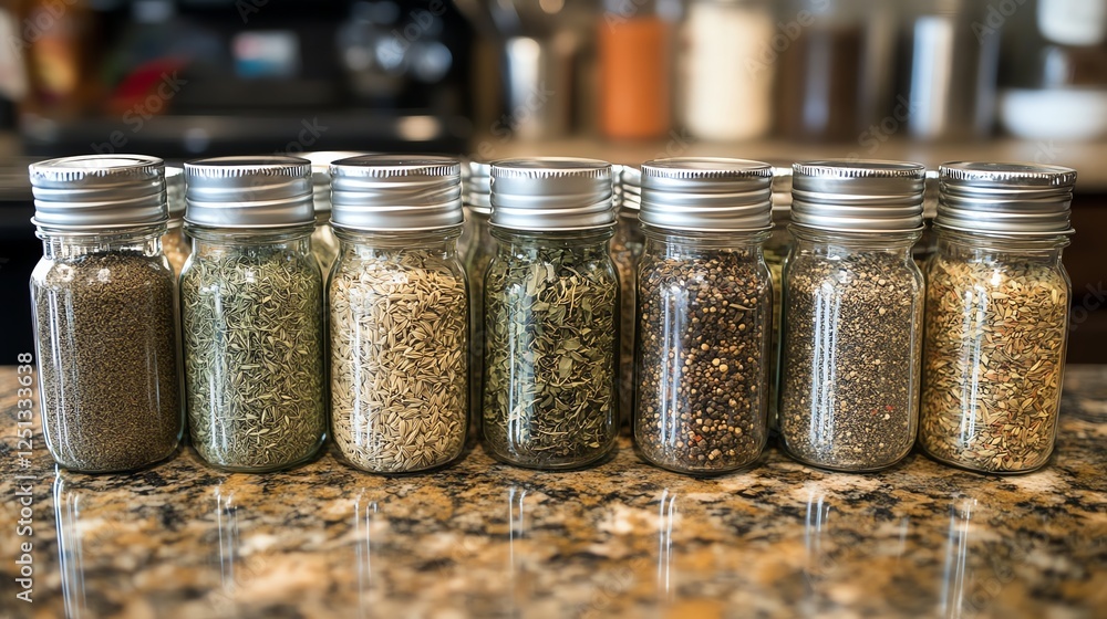 Assorted spice jars arranged neatly on a kitchen countertop. Assorted spice jars arranged neatly on a kitchen countertop.