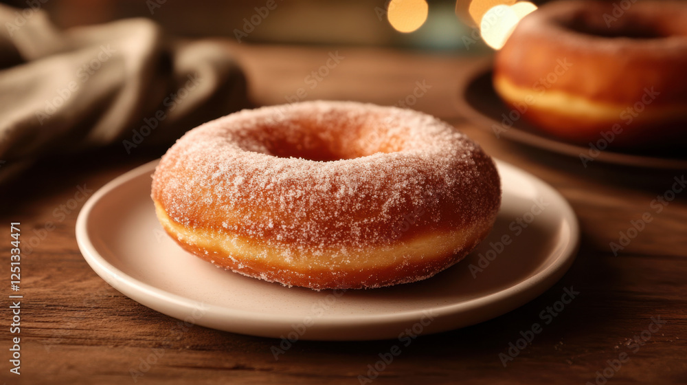 classic sugar dusted doughnut on simple plate, evoking warmth and comfort classic sugar dusted doughnut on simple plate, evoking warmth and comfort
