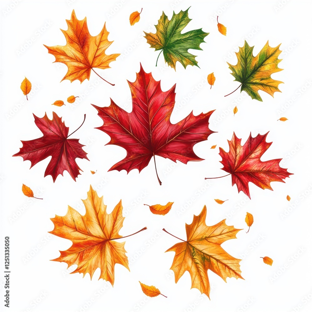 Fototapeta premium Colorful Fall Leaf Arrangement on White Background Featuring Red, Orange, Yellow, and Green Leaves in Various Shapes and Sizes Capturing Autumn Aesthetic
