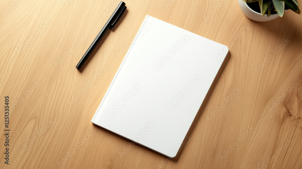 clean white notebook on wooden table with pen and plant clean white notebook on wooden table with pen and plant