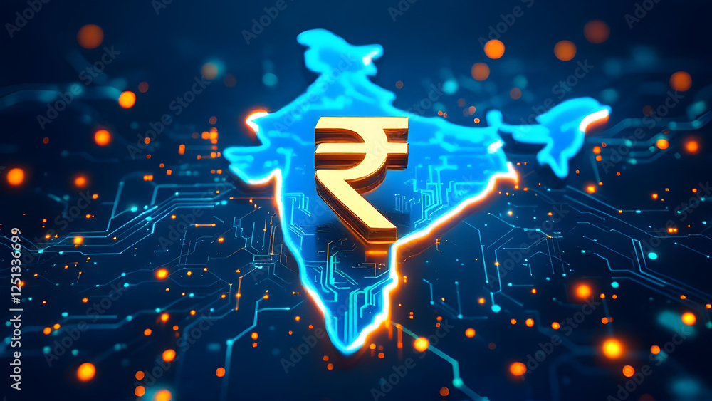 Fototapeta premium Gold indian Rupees rupees symbol on digital glowing map of India, concept Indian economy growth, rupees strength, currency and budget, taxp