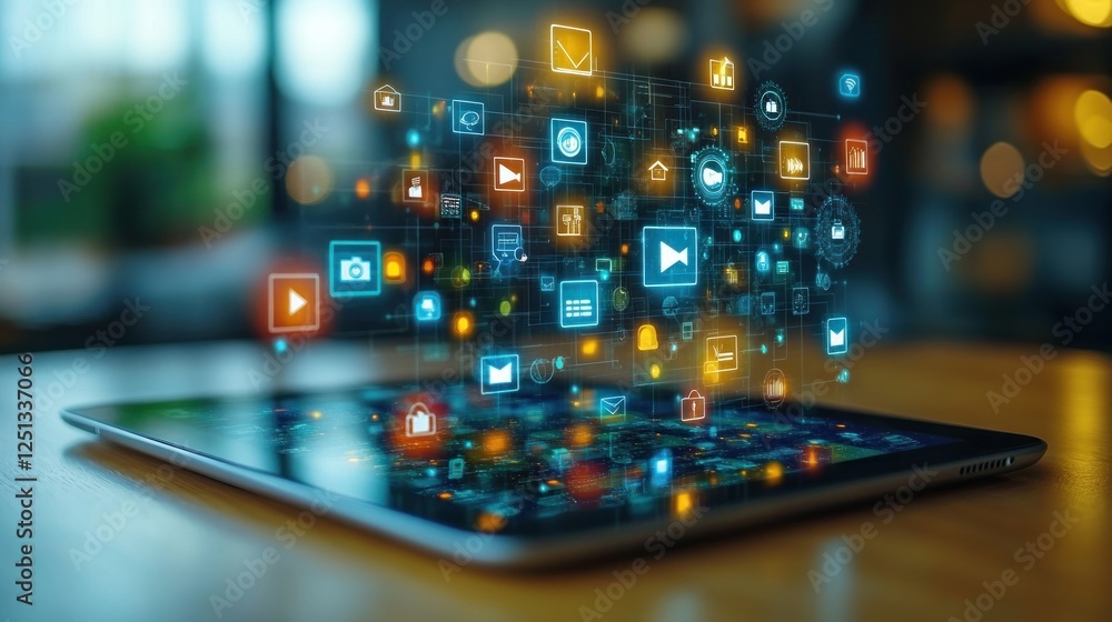 Digital icons hover over tablet, cafe background; tech marketing Digital icons hover over tablet, cafe background; tech marketing
