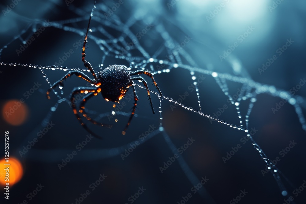 Spider weaves intricate web adorned with droplets in a dimly lit environment during early morning hours Spider weaves intricate web adorned with droplets in a dimly lit environment during early morning hours