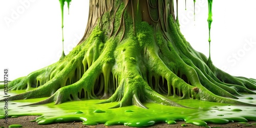 A thick layer of green slime covers the base of an old, gnarled tree, ecological balance, biome, forest, organismic processes photo