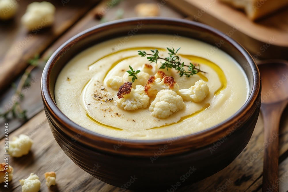 Delicious creamy cauliflower soup ideal for low-carb diet recipes and weight loss. Concept of nutritious meals promoting healthy eating habits and weight management. Delicious creamy cauliflower soup ideal for low-carb diet recipes and weight loss. Concept of nutritious meals promoting healthy eating habits and weight management.