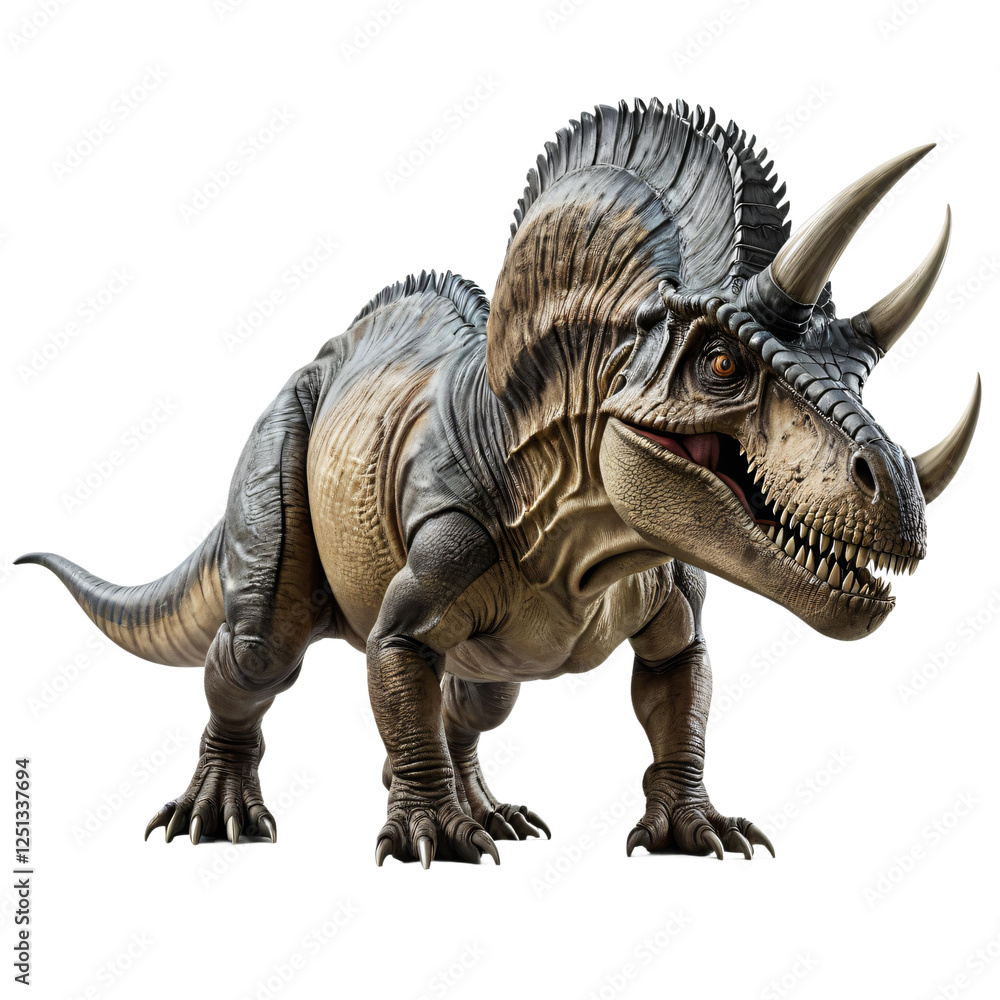 Fototapeta premium A 3D life-sized T-Rex dinosaur stands on all fours, with a gray body, black horns, and sharp teeth, facing left and appearing to roar, against a white background
