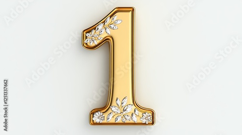 Gold number one featuring diamond embellishments against a light beige backdrop. The number is three dimensional and reflective. The diamonds sparkle, contributing to a luxurious effect.