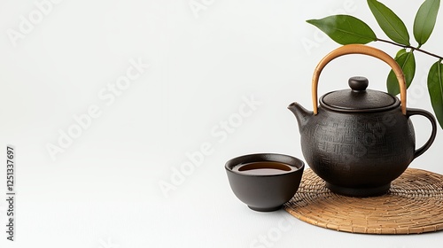 Black teapot and teacup on woven mat with green leaves, minimalist composition against white background. Tranquil and serene scene.
