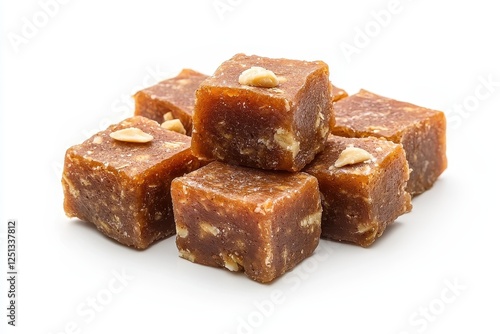 A stack of brown, sweet cubes of jaggery, possibly with nuts, set against a clean, white background.