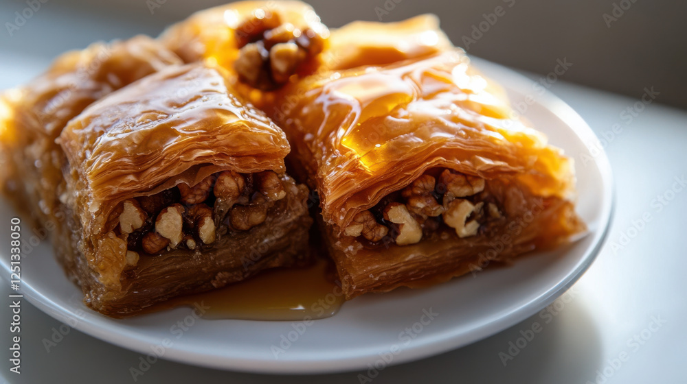 Flaky baklava with honey and walnut filling on white plate Flaky baklava with honey and walnut filling on white plate