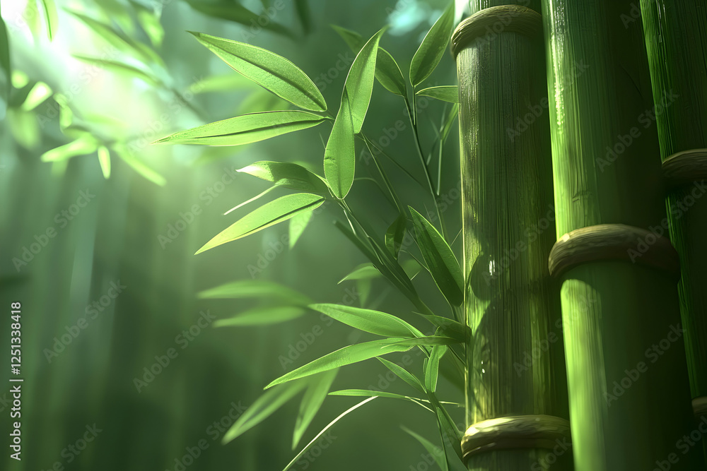 Fototapeta premium Lush green bamboo forest bathed in sunlight, showcasing vibrant leaves and textured stalks. Ideal for serenity, nature, and Asian themes.