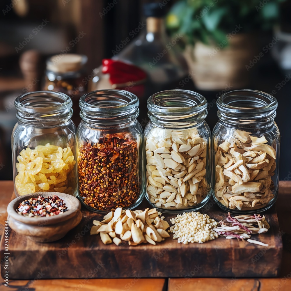 Assorted spices in jars on a wooden board, rustic kitchen setting, natural light. Assorted spices in jars on a wooden board, rustic kitchen setting, natural light.