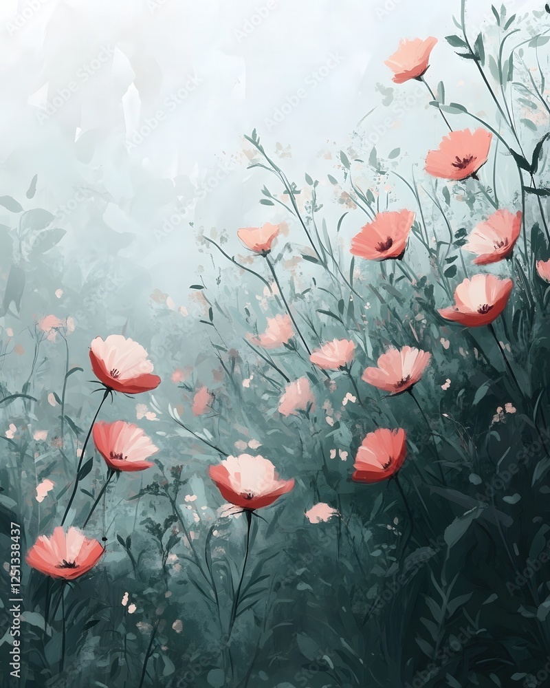 Delicate poppy field painting with soft light and dreamy feel in a whimsical floral garden