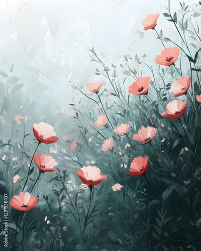 Obraz na płótnie Delicate poppy field painting with soft light and dreamy feel in a whimsical floral garden w salonie