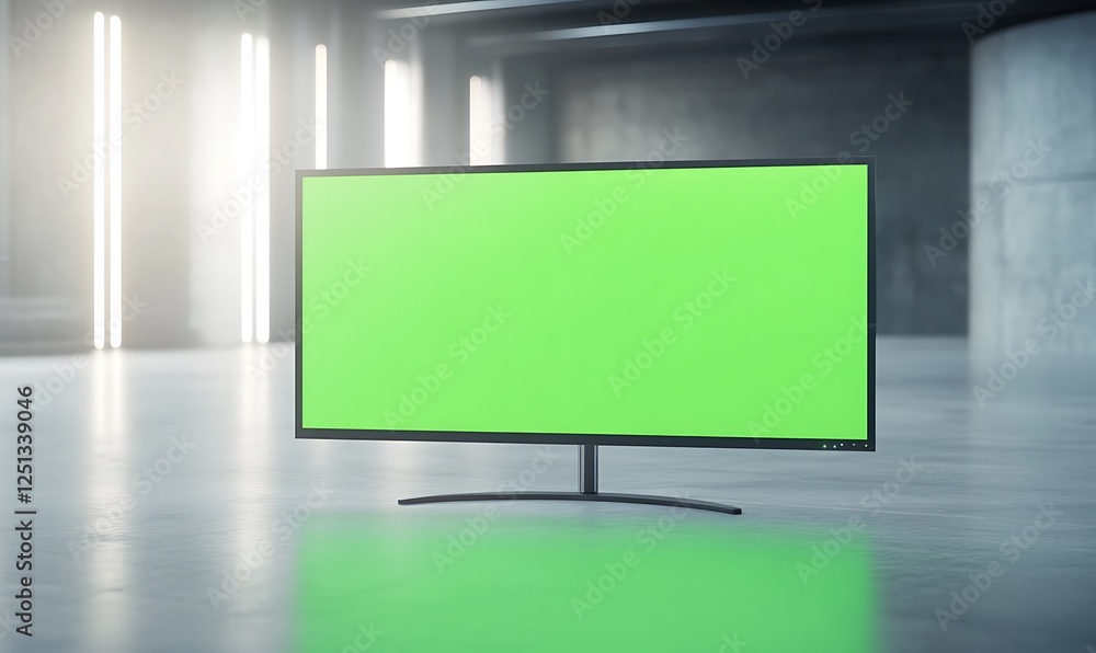Fototapeta premium A futuristic widescreen monitor displaying a green screen, ideal for tech and design projects.
