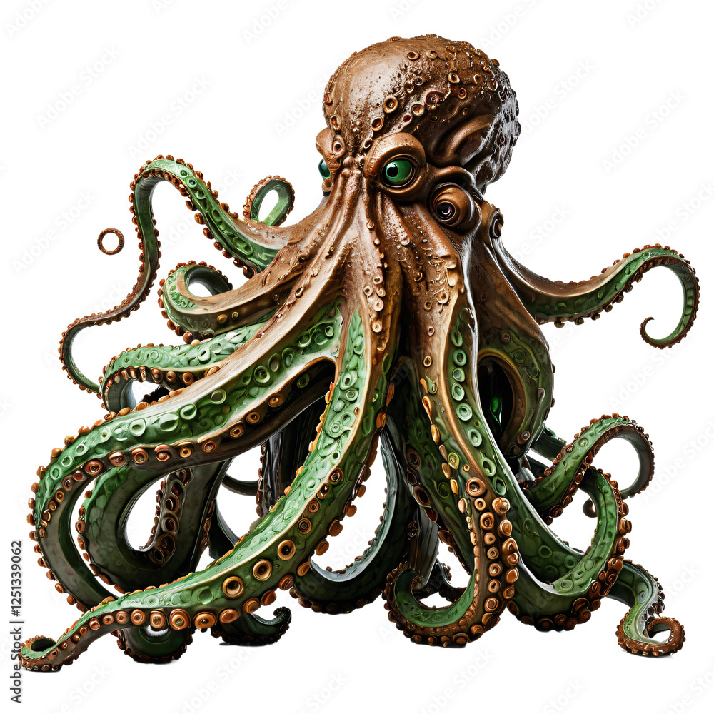 Fototapeta premium A 3D rendering of a large, brown octopus with green eyes and intricate details, surrounded by smaller, circular patterns, is the central focus of the image, set against a white background
