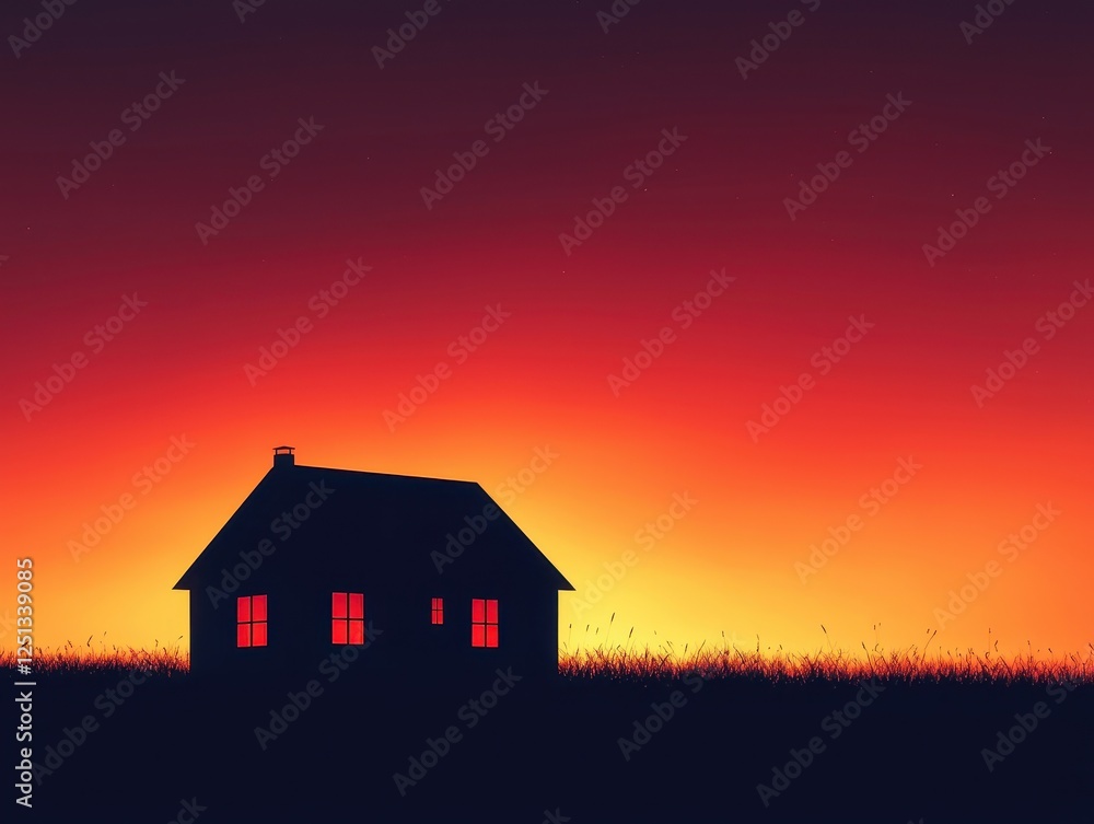 A serene silhouette of a house against a vibrant sunset, with warm hues illuminating the windows, creating a tranquil atmosphere. A serene silhouette of a house against a vibrant sunset, with warm hues illuminating the windows, creating a tranquil atmosphere.