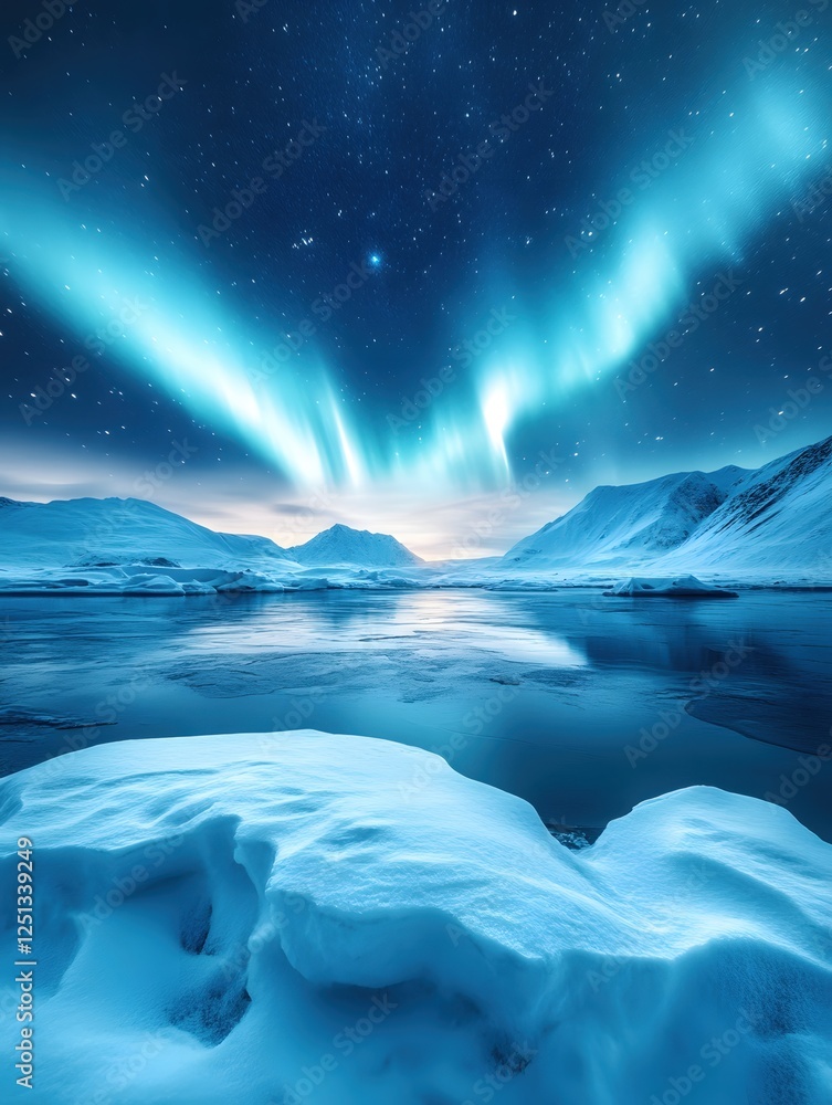 Breathtaking Aurora Borealis Over Frozen Landscape Reflecting in Calm Water Under Starry Sky