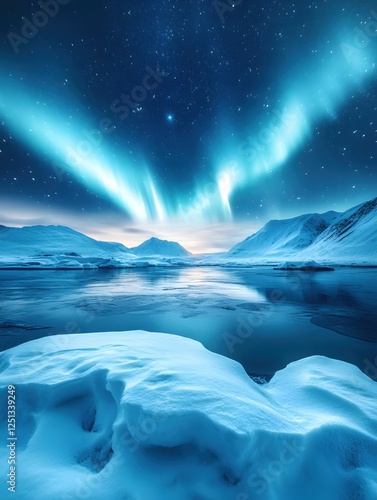 Obraz na płótnie Breathtaking Aurora Borealis Over Frozen Landscape Reflecting in Calm Water Under Starry Sky w salonie