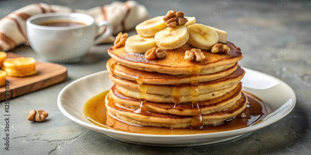 A plate of golden brown banana protein pancakes topped with fresh sliced bananas, maple syrup, and chopped walnuts , banana protein cake, healthy dessert alternatives A plate of golden brown banana protein pancakes topped with fresh sliced bananas, maple syrup, and chopped walnuts , banana protein cake, healthy dessert alternatives
