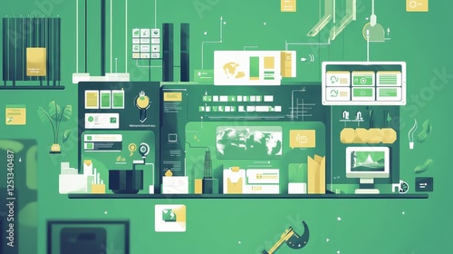 Green corporate policies infographics flat design top view social impact theme animation Split-complementary color scheme