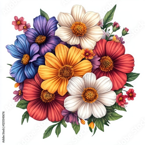 Wallpaper Mural Vibrant Floral Arrangement Featuring Colorful Blossoms in Various Shades of Purple, Yellow, Red, and White Surrounded by Lush Green Leaves Torontodigital.ca