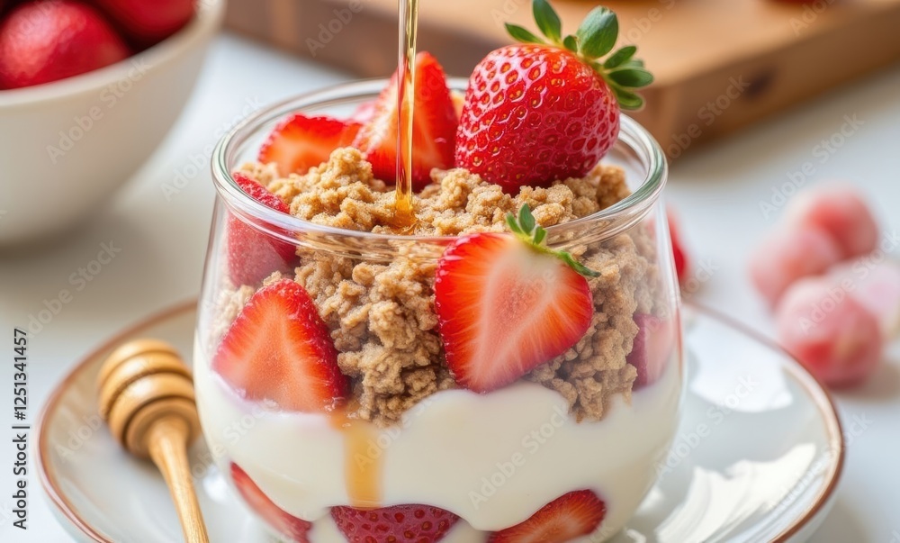 Strawberry yogurt parfait with honey drizzle Strawberry yogurt parfait with honey drizzle