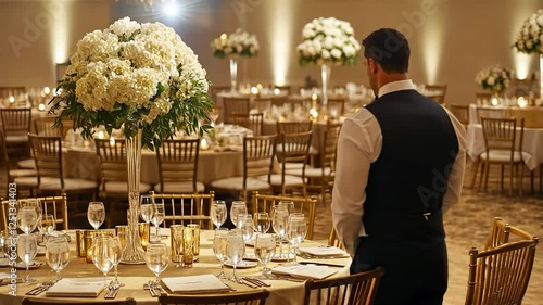 Elegant banquet hall, waiter at the ready, wedding reception, flowers, light ambiance
