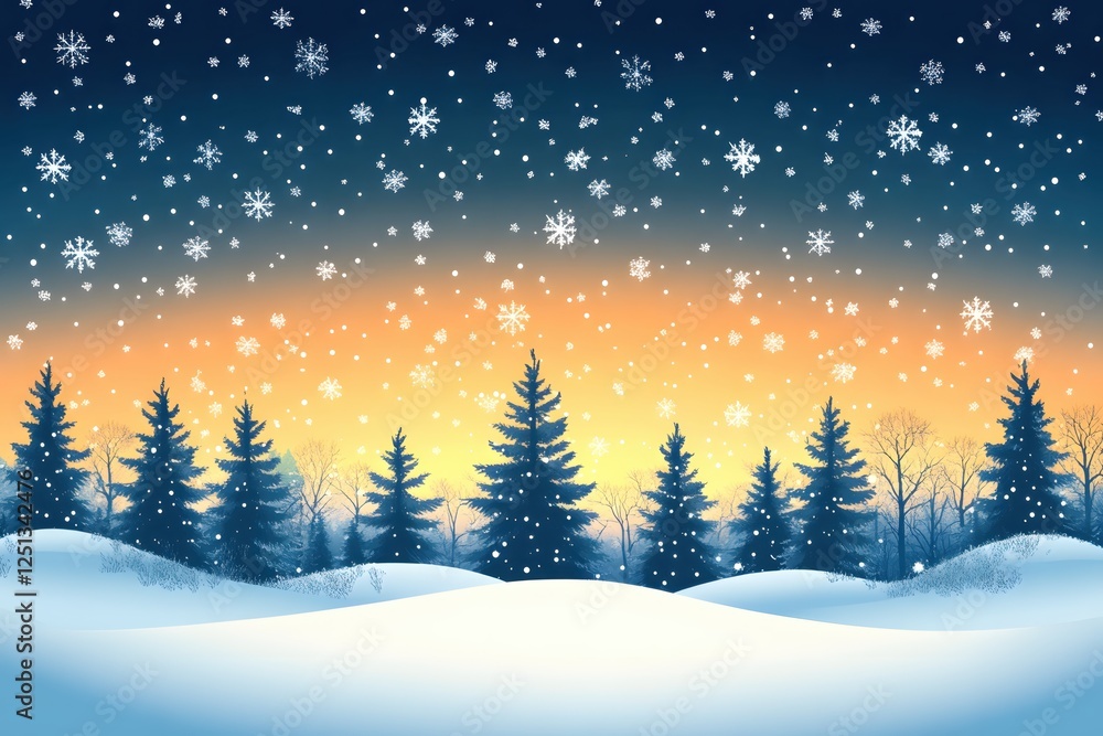 Snowy Winter Landscape with Pine Trees and Falling Snowflakes at Sunset in a Serene Scene Snowy Winter Landscape with Pine Trees and Falling Snowflakes at Sunset in a Serene Scene