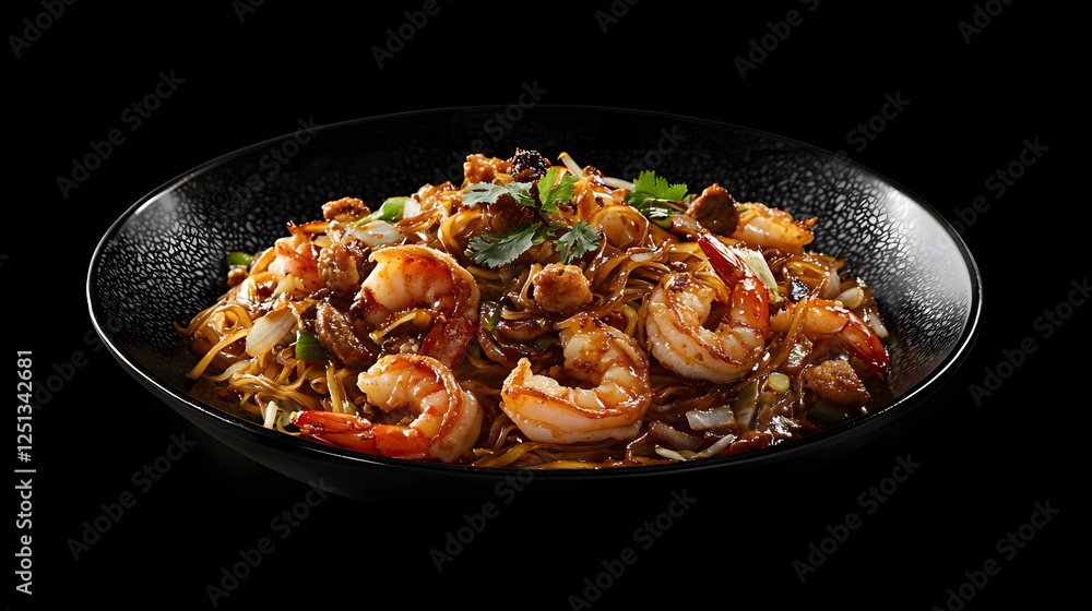 Delicious Char Kway Teow with Shrimp and Vegetables in Studio Light Delicious Char Kway Teow with Shrimp and Vegetables in Studio Light