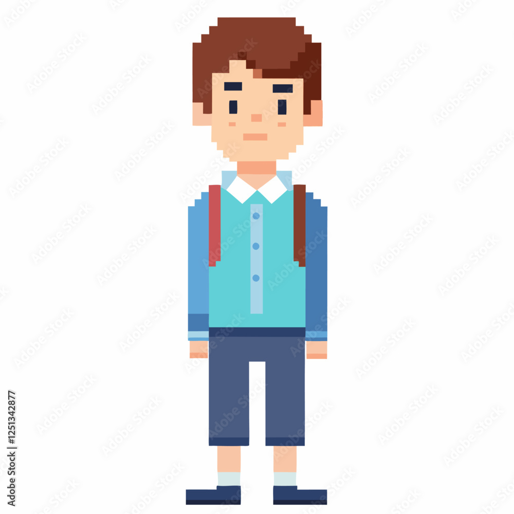 Pixel Art Character of Young Boy with Backpack in Blue Shirt and Shorts Pixel Art Character of Young Boy with Backpack in Blue Shirt and Shorts