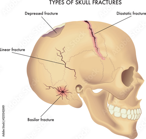 Medical illustration of types of skull fractures, with annotations.