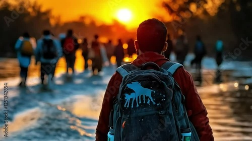 South Asian man walking at sunset with group of people
