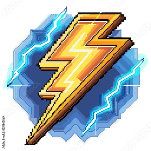 Vibrant Pixel Art Lightning Bolt with Electric Blue Sparks