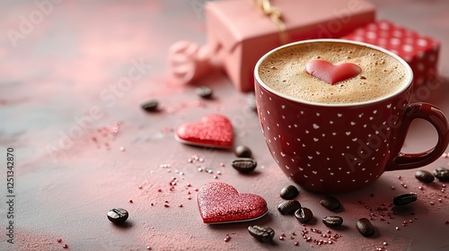 A festive Valentine's Day scene with heart-themed gifts and a red coffee cup on a pink backdrop, creating a romantic atmosphere filled with love, warmth, and thoughtful gestures.