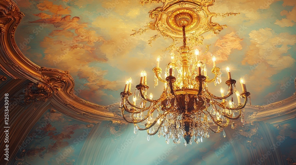 Obraz premium A stunning chandelier hangs from a beautifully painted ceiling, illuminated by soft light, showcasing elegance and opulence.
