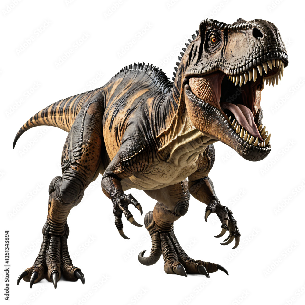 Obraz premium A 3D life-sized T-Rex dinosaur stands on all fours, with its head turned left and mouth open, against a white background, showcasing its detailed features and menacing appearance