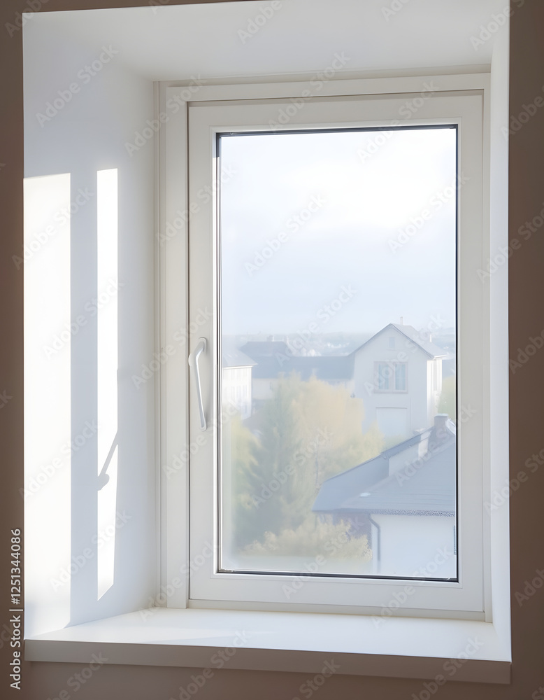 Obraz premium closed pvc window in room at apartment, Diffused lighting. with white shades