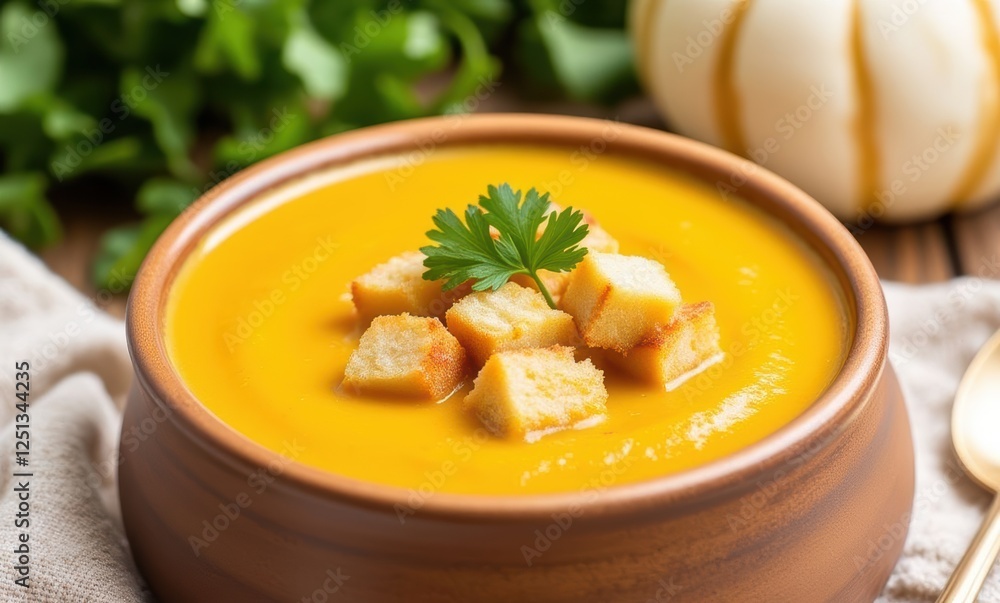 Delicious pumpkin soup with croutons Delicious pumpkin soup with croutons