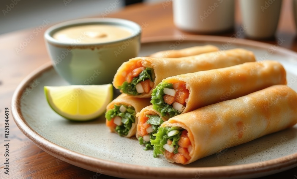 Colorful fresh spring rolls with dipping sauce Colorful fresh spring rolls with dipping sauce