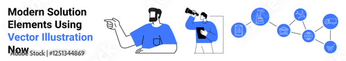 Male professional pointing and man with telescope representing direction, connected icons showing collaboration, planning, innovation, and success. Ideal for business, startups, technology, strategy