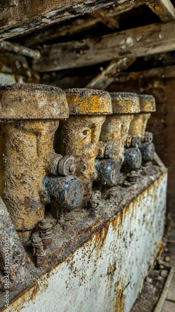 Old machinery components covered in dust and grime in an abandoned industrial site in the early morning light Old machinery components covered in dust and grime in an abandoned industrial site in the early morning light