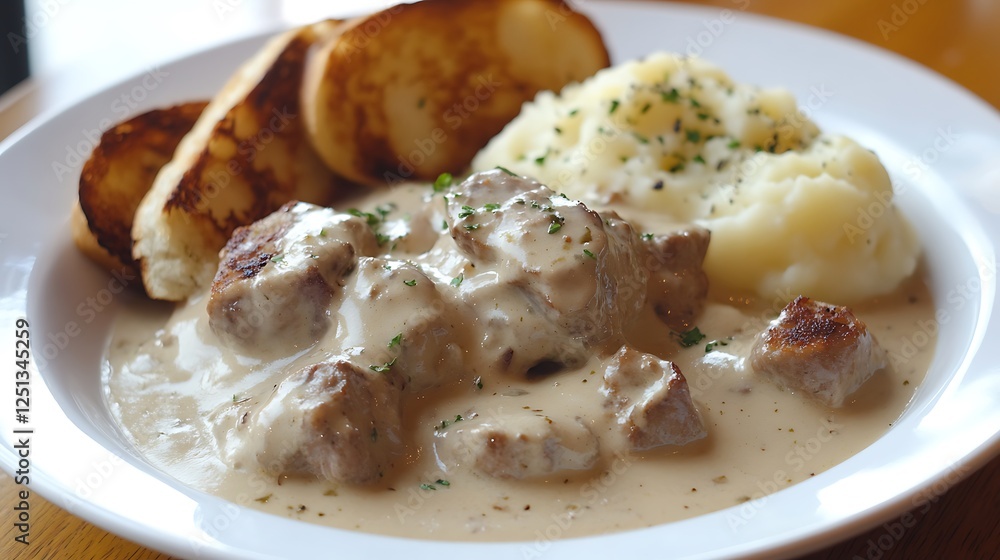 Meat in a creamy sauce with mashed potatoes and bread toast Meat in a creamy sauce with mashed potatoes and bread toast