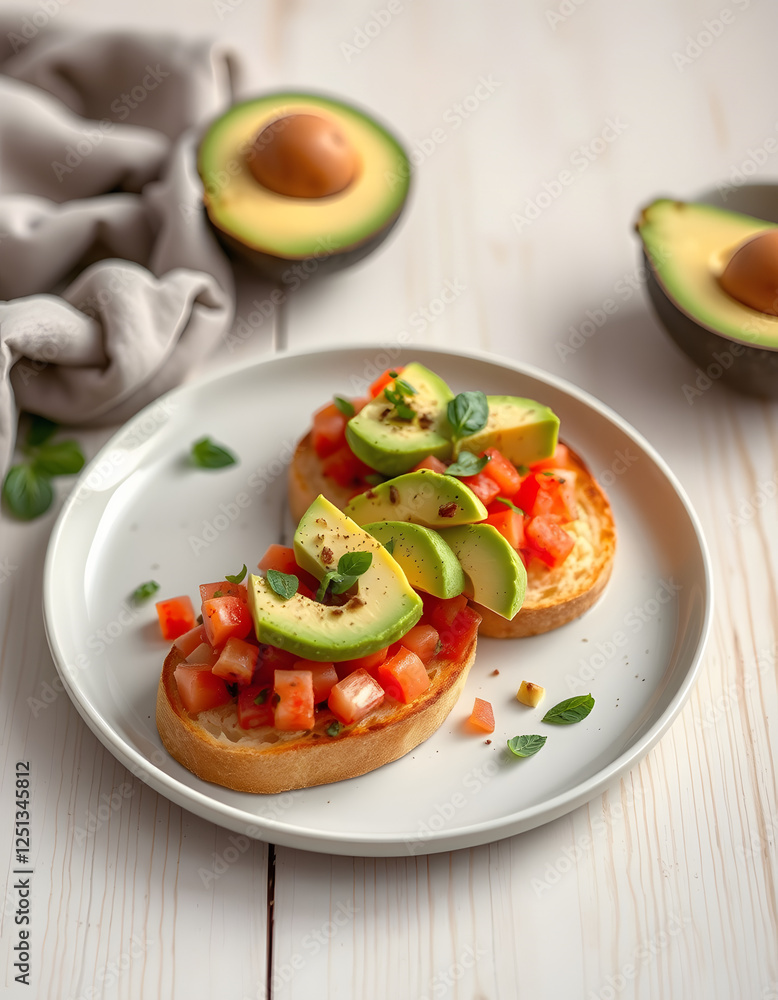 Plate of tasty bruschetta with avocado on light wooden background, magazine photoshoot. with white shades Plate of tasty bruschetta with avocado on light wooden background, magazine photoshoot. with white shades