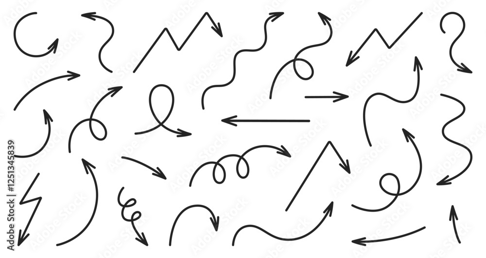 Set of arrows in doodle style. Decorative black hand drawn arrow on white back ground. Vector illustration on white background. Set of arrows in doodle style. Decorative black hand drawn arrow on white back ground. Vector illustration on white background.