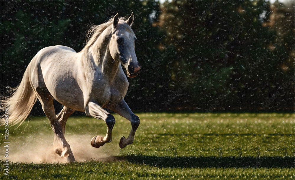 Fototapeta premium White horse galloping in a green field on a sunny day ia